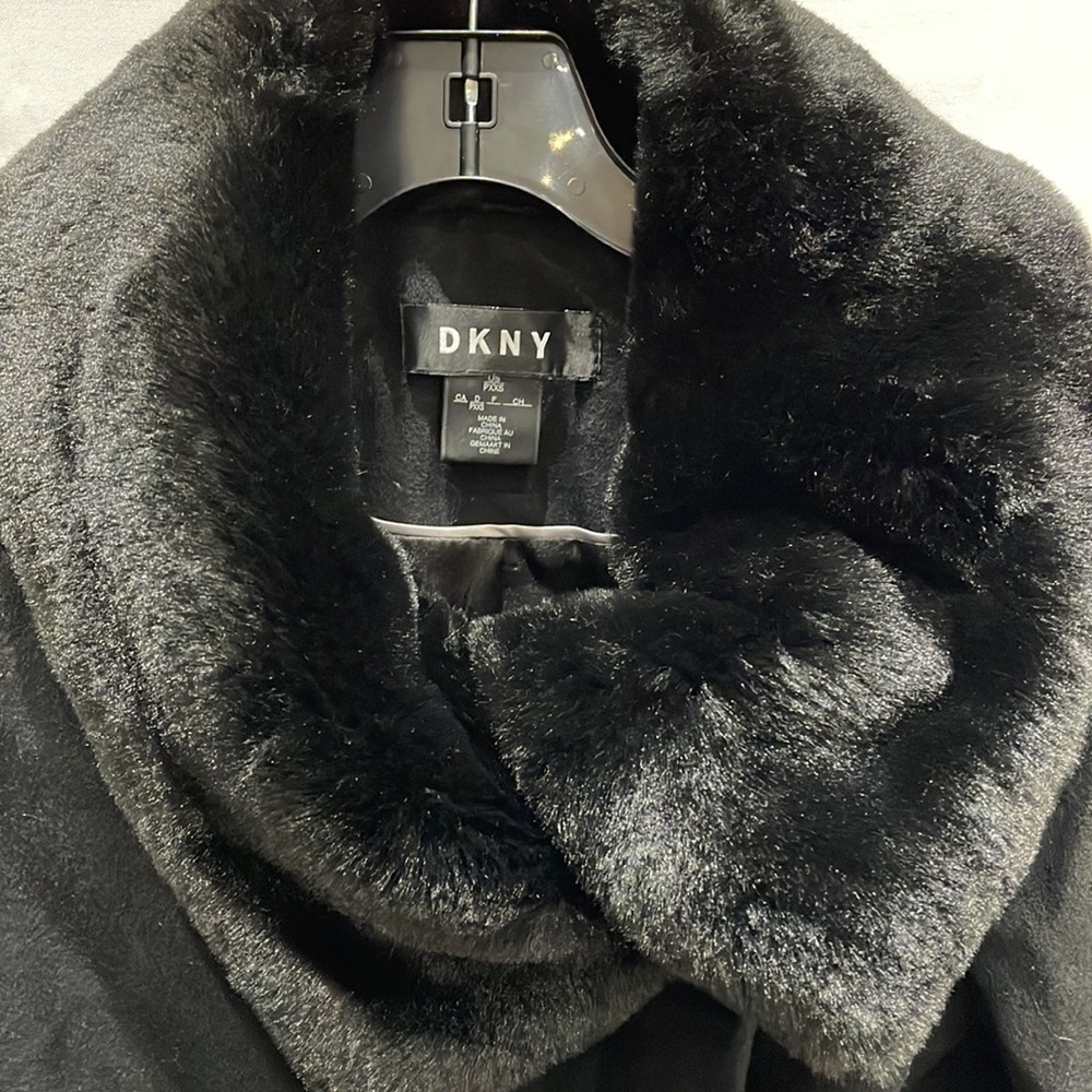 BNWT DKNY Full Length Fur collar Black wool Coat XXS - Picture 2 of 11